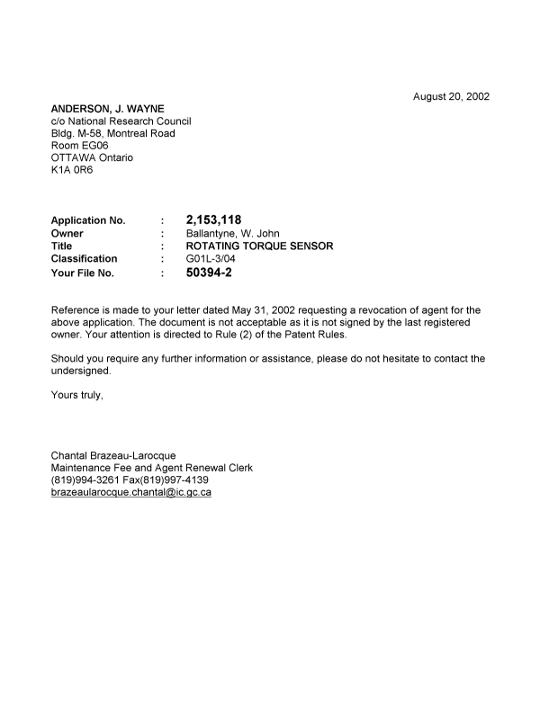 Document de brevet canadien 2153118. Correspondance 20011220. Image 1 de 1