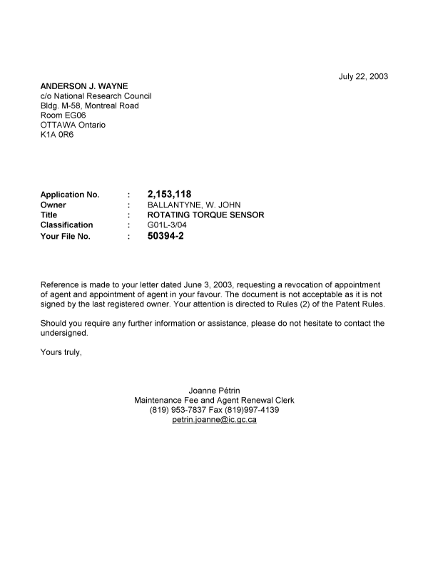 Document de brevet canadien 2153118. Correspondance 20021222. Image 1 de 1