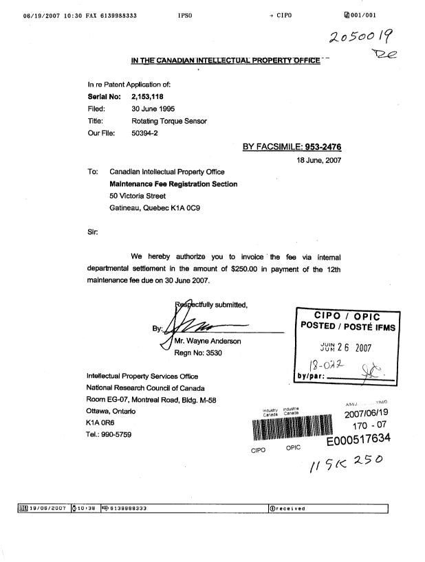 Document de brevet canadien 2153118. Taxes 20061219. Image 1 de 1