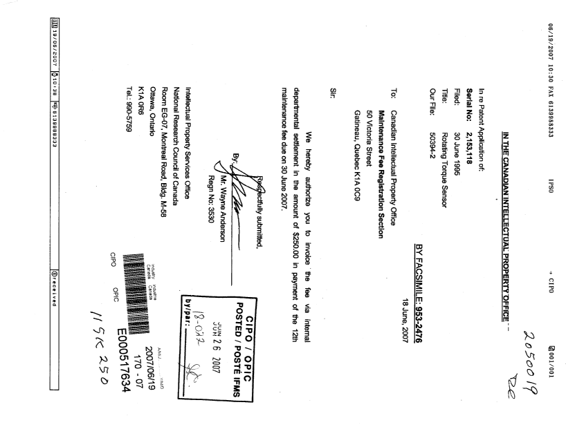 Document de brevet canadien 2153118. Taxes 20061219. Image 1 de 1