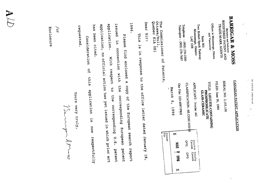Canadian Patent Document 2153130. Prosecution Correspondence 19960307. Image 1 of 1
