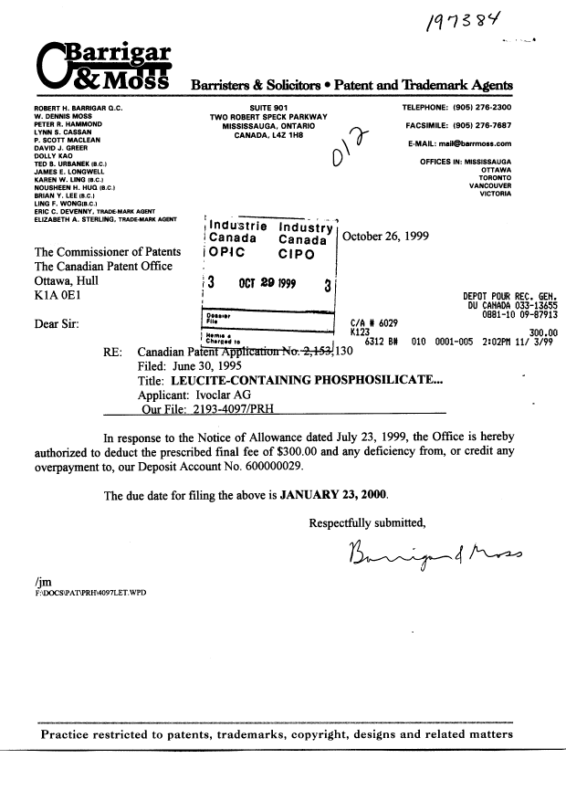 Canadian Patent Document 2153130. Correspondence 19991029. Image 1 of 1