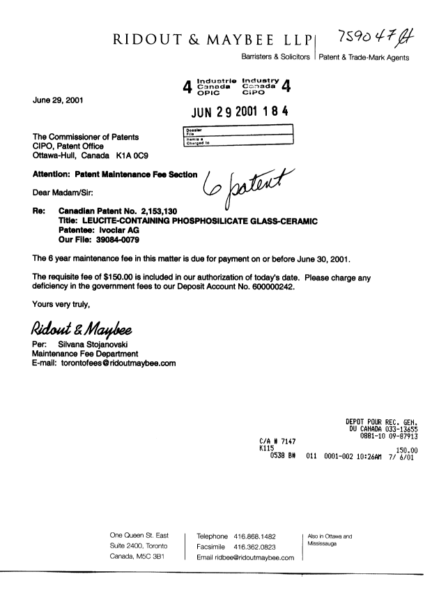 Document de brevet canadien 2153130. Taxes 20010629. Image 1 de 1