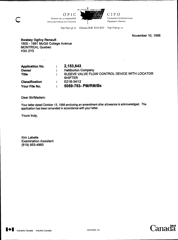 Canadian Patent Document 2153643. Office Letter 19981110. Image 1 of 1