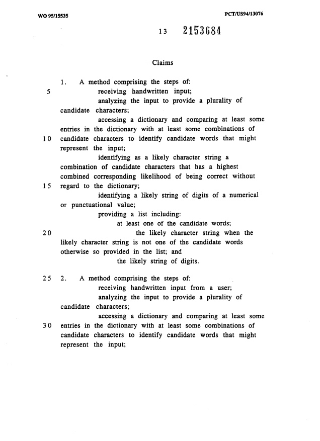 Document de brevet canadien 2153684. Revendications 19950608. Image 1 de 5