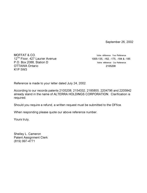 Document de brevet canadien 2154332. Correspondance 20020926. Image 1 de 1