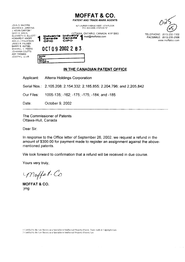 Document de brevet canadien 2154332. Cession 20021009. Image 1 de 1