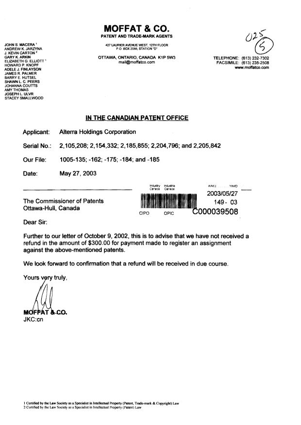 Canadian Patent Document 2154332. Assignment 20030527. Image 1 of 1