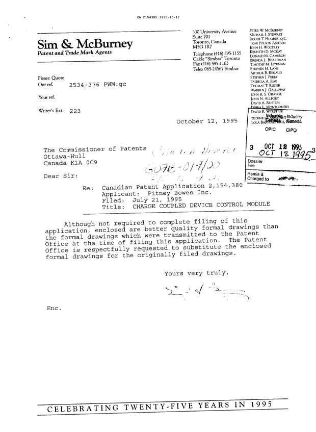 Document de brevet canadien 2154385. Correspondance de la poursuite 19951012. Image 1 de 1