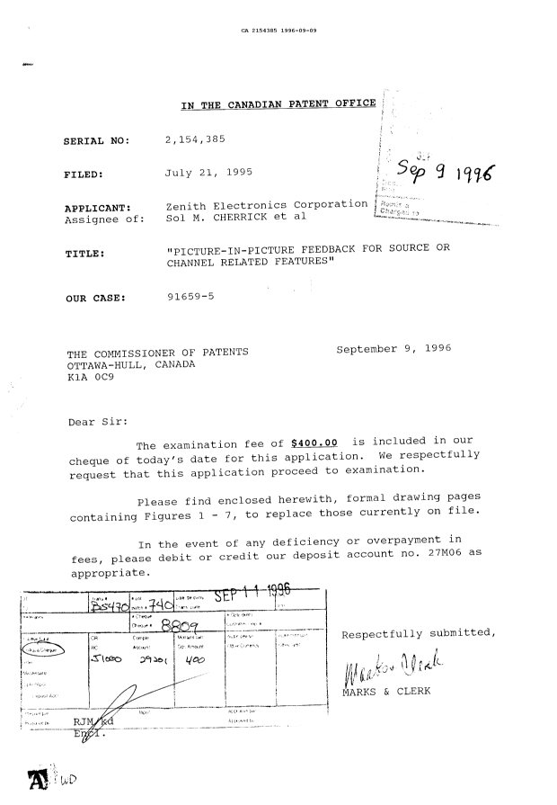 Canadian Patent Document 2154385. Prosecution Correspondence 19960909. Image 1 of 1