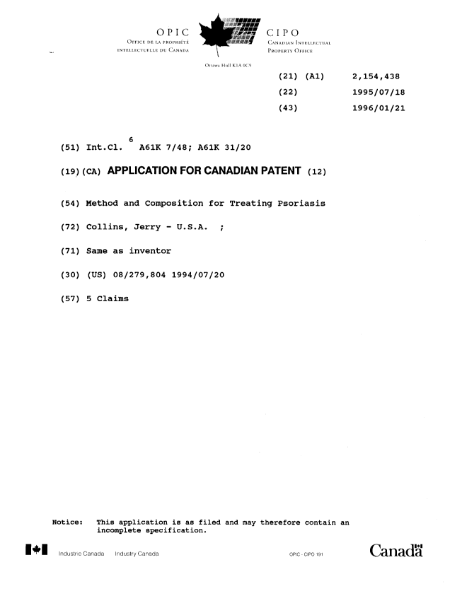 Canadian Patent Document 2154438. Cover Page 19960313. Image 1 of 1