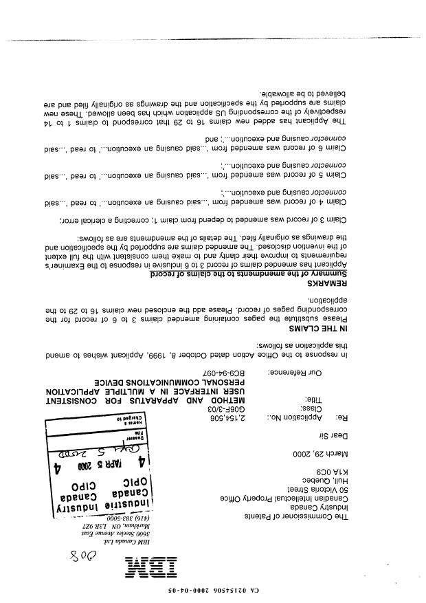 Document de brevet canadien 2154506. Poursuite-Amendment 19991205. Image 1 de 15