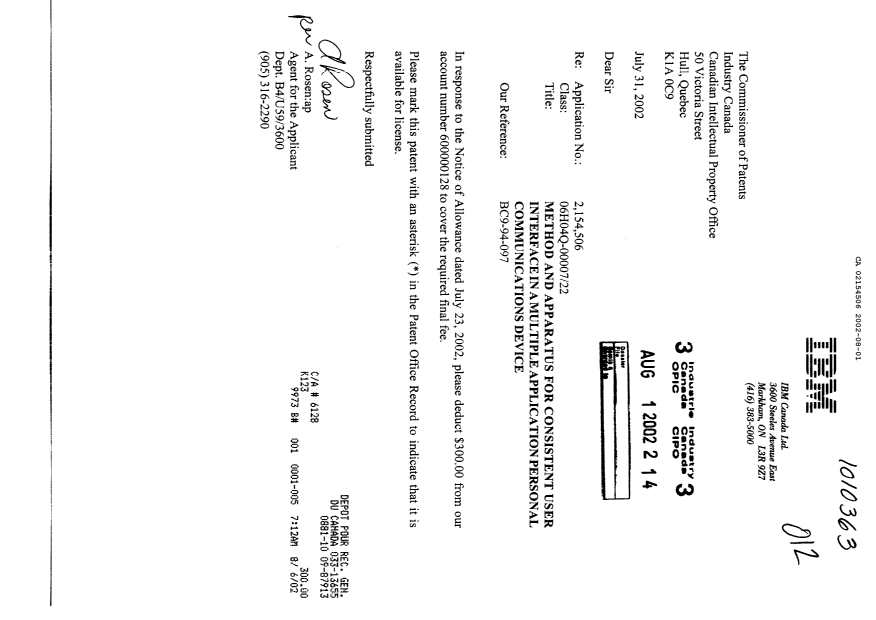 Document de brevet canadien 2154506. Correspondance 20011201. Image 1 de 1