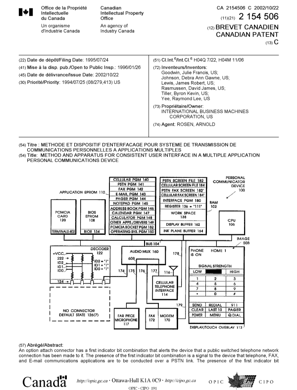 Canadian Patent Document 2154506. Cover Page 20011219. Image 1 of 2