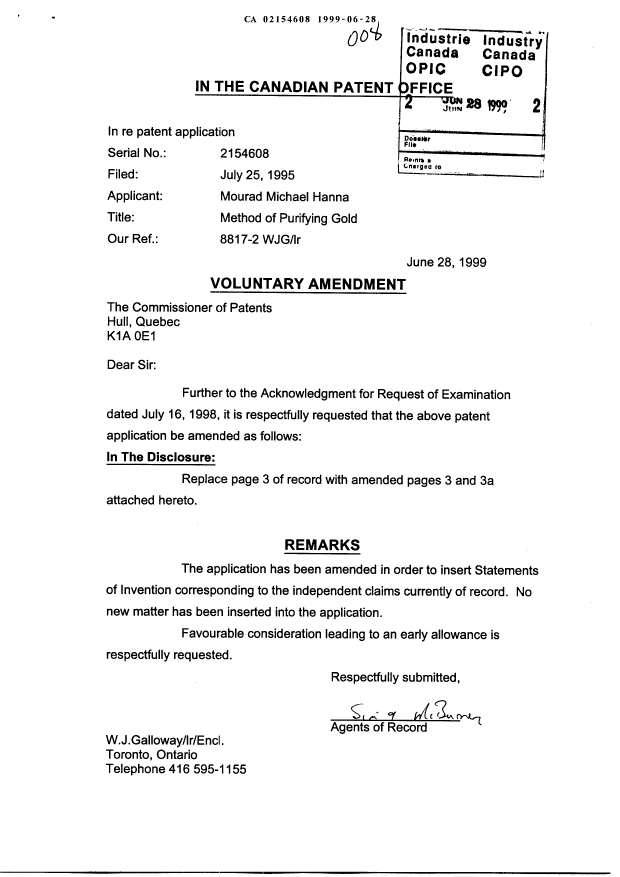 Canadian Patent Document 2154608. Prosecution-Amendment 19981228. Image 1 of 3