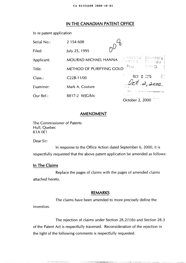 Canadian Patent Document 2154608. Prosecution-Amendment 19991202. Image 1 of 6