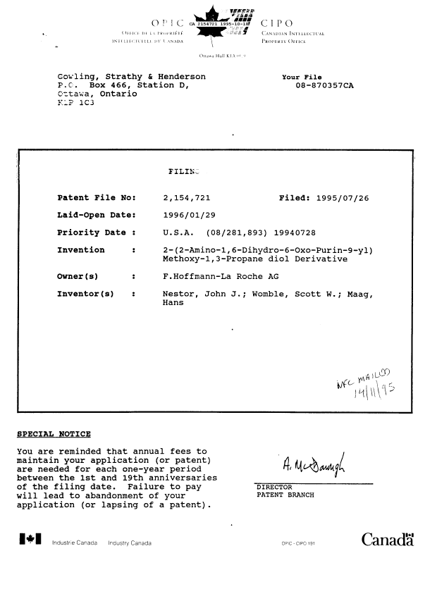 Canadian Patent Document 2154721. Correspondence 19941218. Image 2 of 2