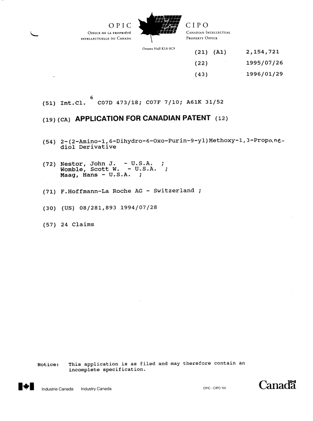 Canadian Patent Document 2154721. Cover Page 19951221. Image 1 of 1