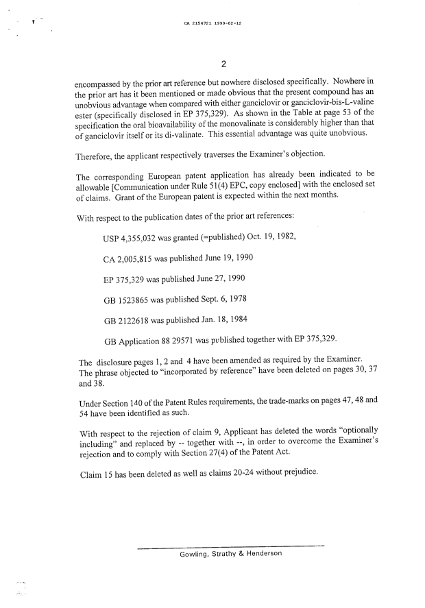 Canadian Patent Document 2154721. Prosecution-Amendment 19981212. Image 2 of 8