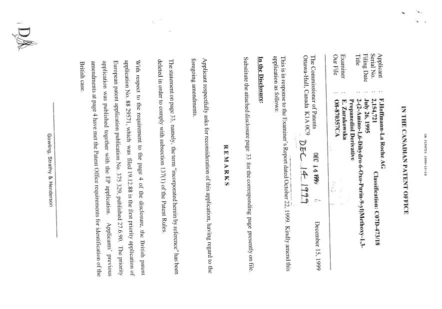 Canadian Patent Document 2154721. Prosecution-Amendment 19981214. Image 1 of 2