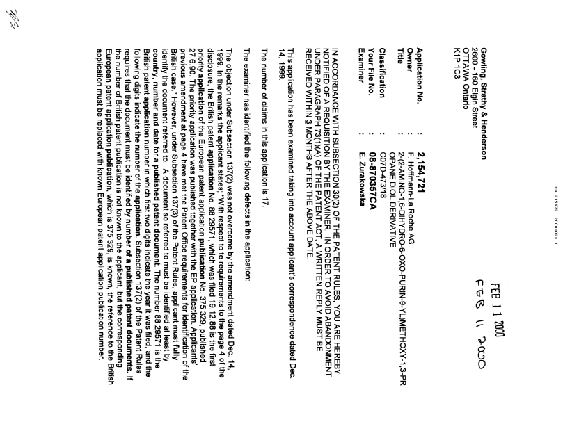 Canadian Patent Document 2154721. Prosecution-Amendment 19991211. Image 1 of 2