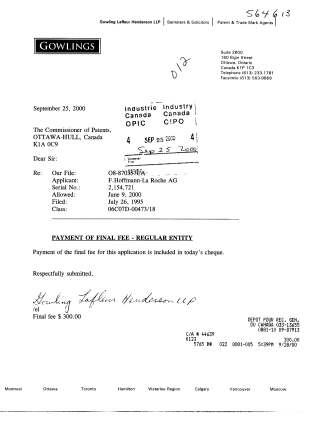 Document de brevet canadien 2154721. Correspondance 19991225. Image 1 de 1