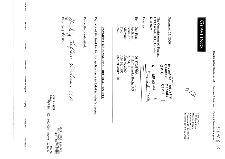 Canadian Patent Document 2154721. Correspondence 19991225. Image 1 of 1