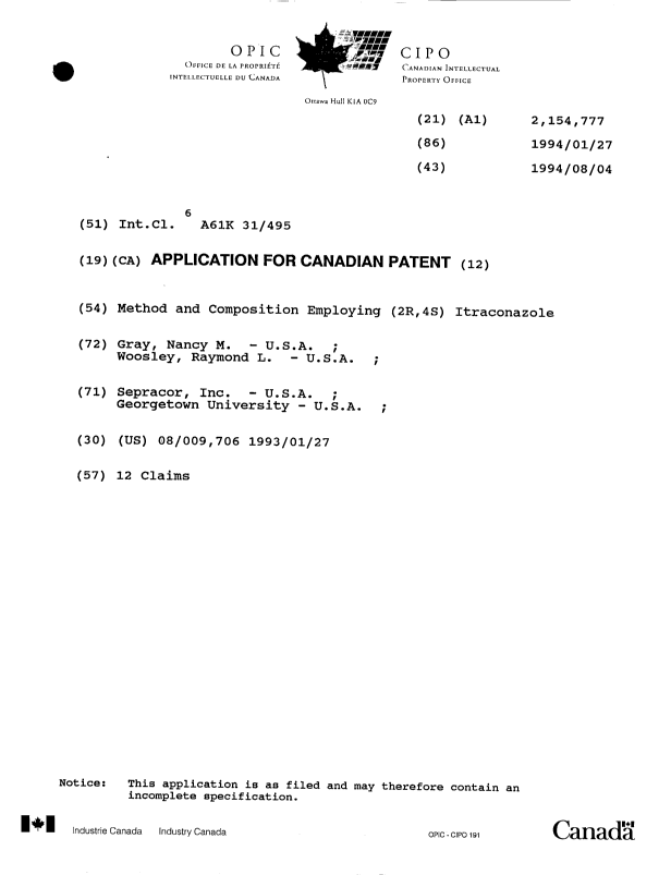 Canadian Patent Document 2154777. Cover Page 19960103. Image 1 of 1