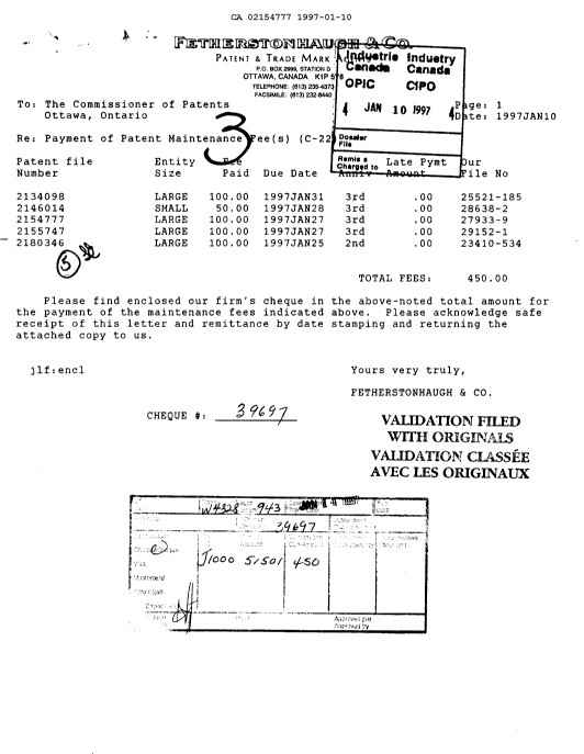 Canadian Patent Document 2154777. Fees 19970110. Image 1 of 1