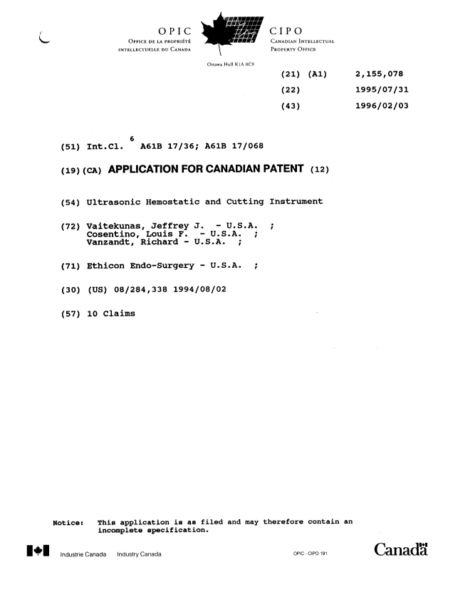 Canadian Patent Document 2155078. Cover Page 19950731. Image 1 of 1