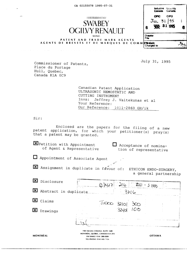 Document de brevet canadien 2155078. Cession 19950731. Image 1 de 9