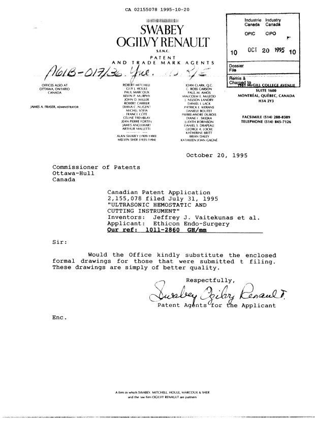 Canadian Patent Document 2155078. Correspondence 19951020. Image 1 of 11