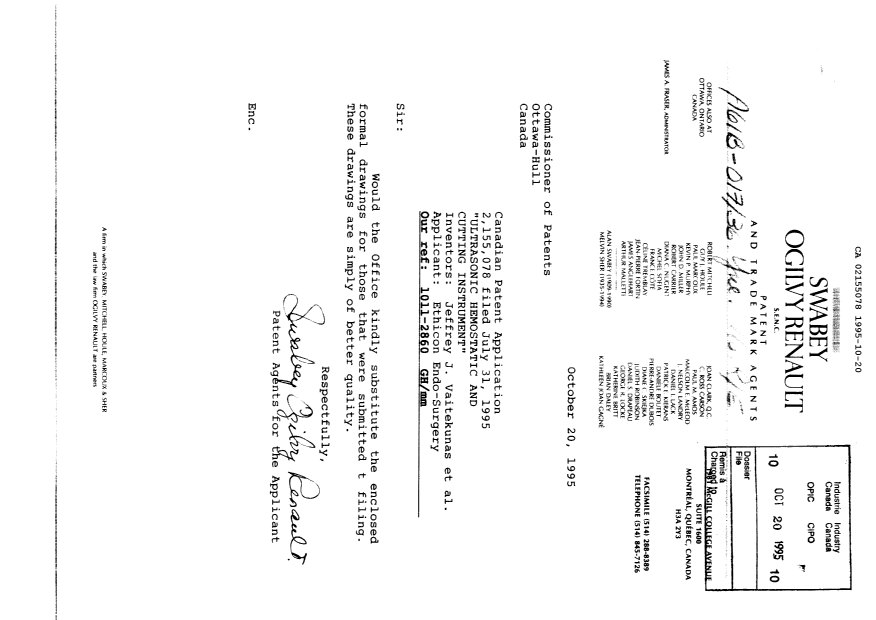 Canadian Patent Document 2155078. Correspondence 19951020. Image 1 of 11