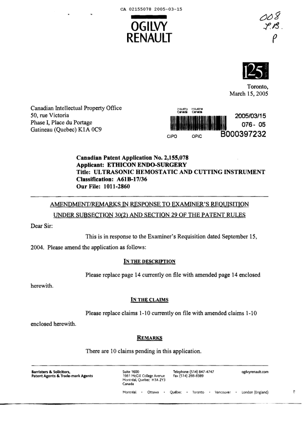 Canadian Patent Document 2155078. Prosecution-Amendment 20050315. Image 1 of 9