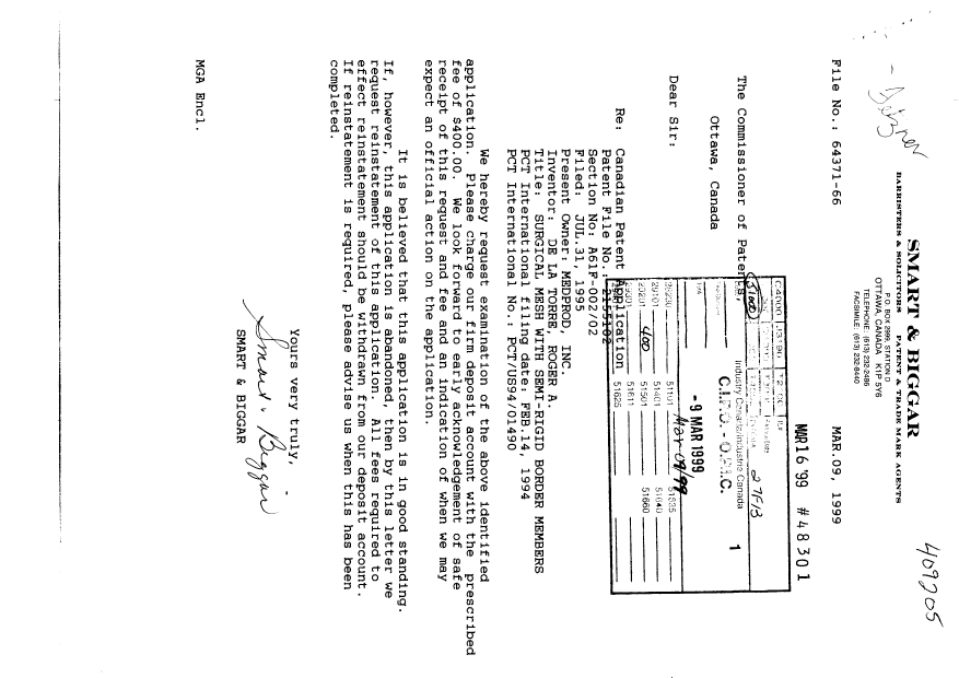 Canadian Patent Document 2155102. Prosecution-Amendment 19990309. Image 1 of 1