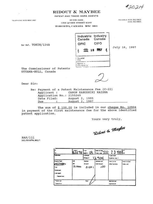 Document de brevet canadien 2155269. Taxes 19970718. Image 1 de 1