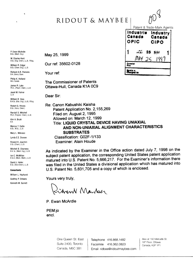 Canadian Patent Document 2155269. Prosecution-Amendment 19990525. Image 1 of 2