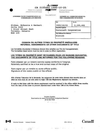 Canadian Patent Document 2155482. Office Letter 19951020. Image 1 of 1