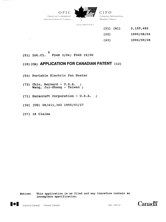 Canadian Patent Document 2155482. Cover Page 19951221. Image 1 of 1