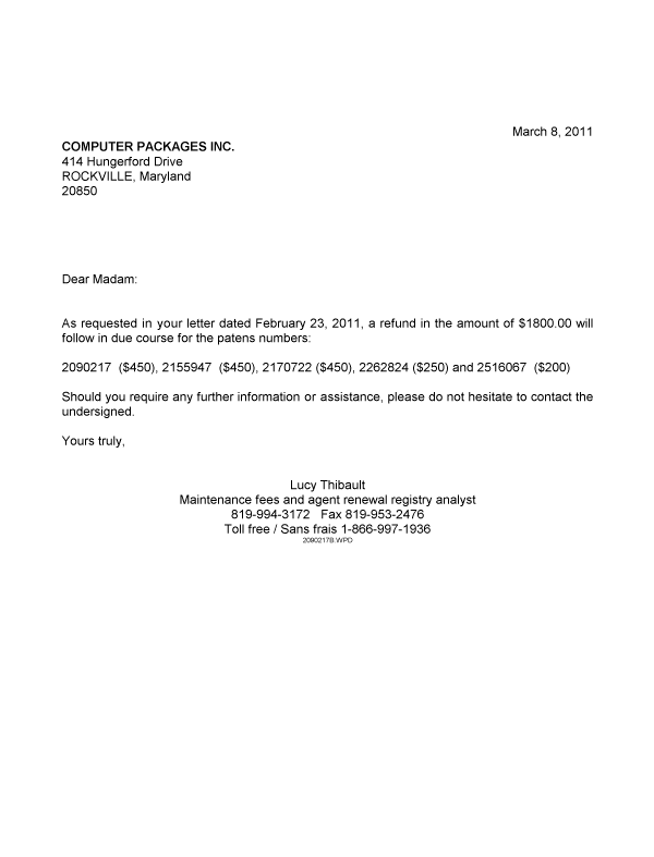Document de brevet canadien 2155947. Correspondance 20110308. Image 1 de 1
