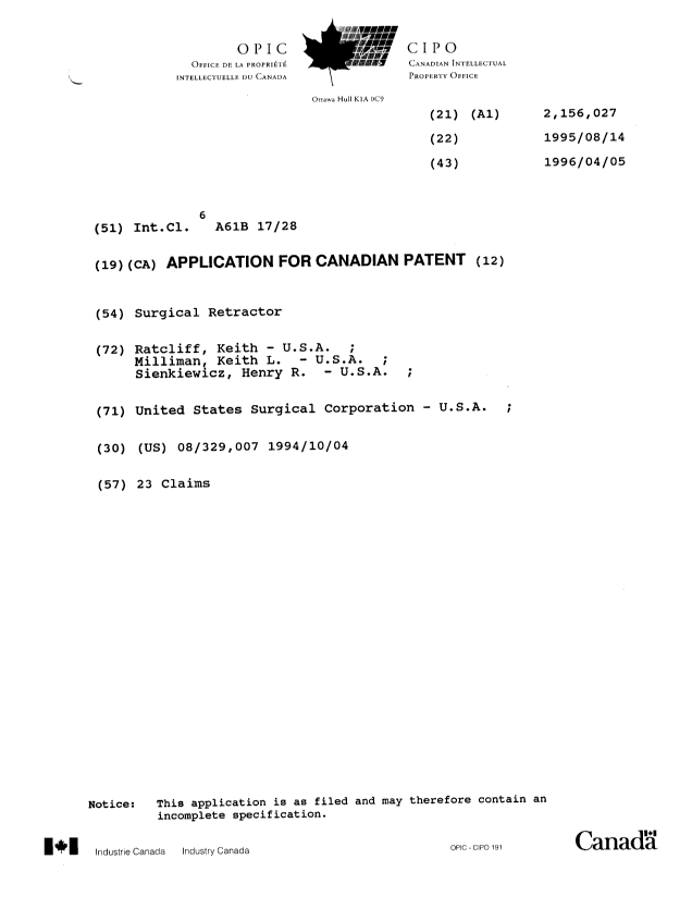 Canadian Patent Document 2156027. Cover Page 19941214. Image 1 of 1