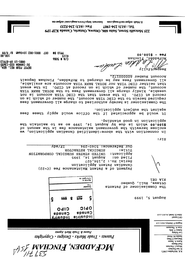 Canadian Patent Document 2156027. Fees 19981205. Image 1 of 1