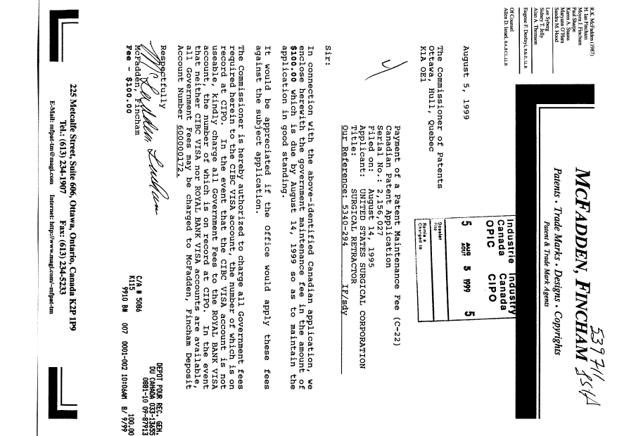 Canadian Patent Document 2156027. Fees 19981205. Image 1 of 1
