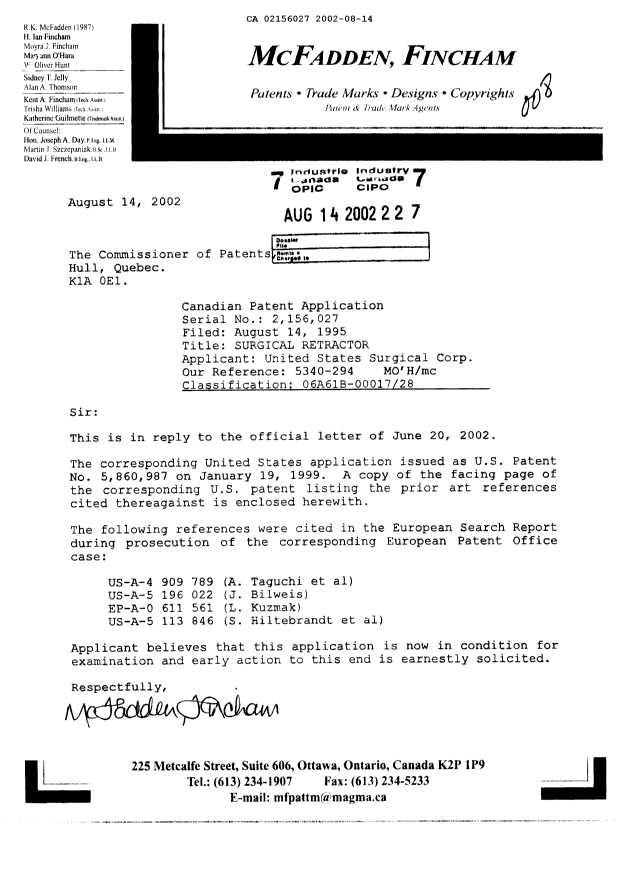 Canadian Patent Document 2156027. Prosecution-Amendment 20011214. Image 1 of 1