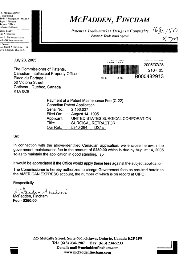 Canadian Patent Document 2156027. Fees 20041228. Image 1 of 1