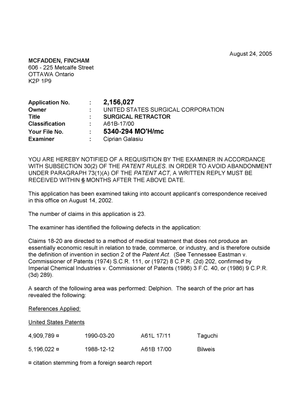 Document de brevet canadien 2156027. Poursuite-Amendment 20050824. Image 1 de 3