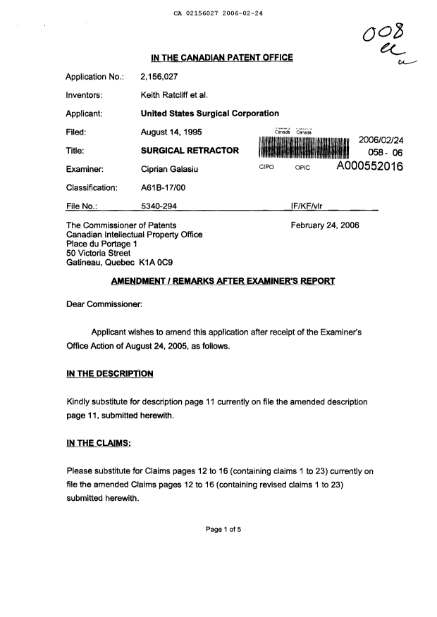 Canadian Patent Document 2156027. Prosecution-Amendment 20051224. Image 1 of 11