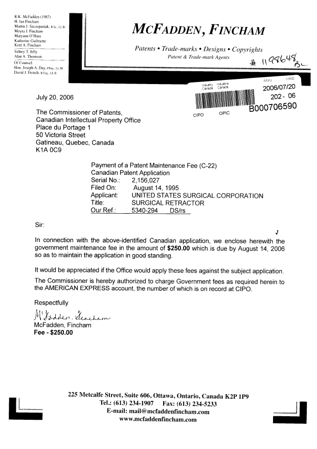 Document de brevet canadien 2156027. Taxes 20060720. Image 1 de 1