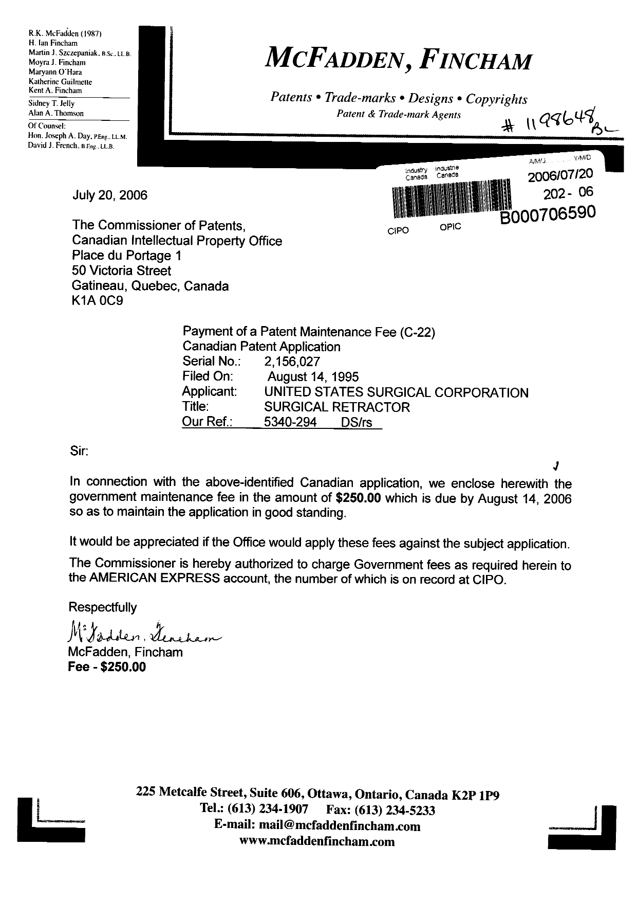 Document de brevet canadien 2156027. Taxes 20060720. Image 1 de 1