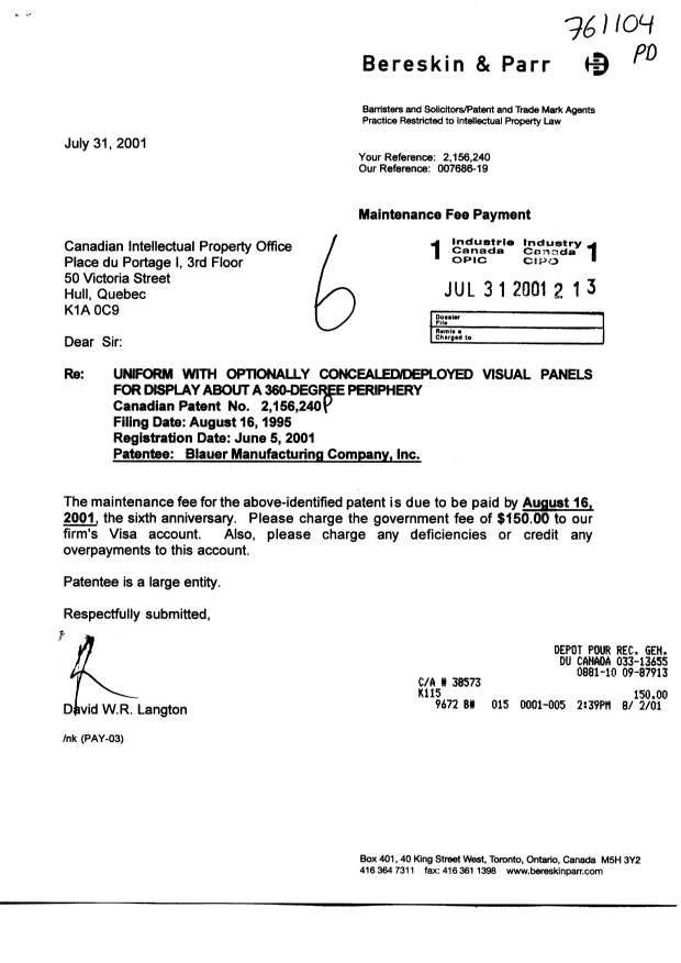 Document de brevet canadien 2156240. Taxes 20010731. Image 1 de 1